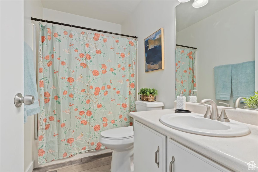 Bathroom featuring wood finished floors, vanity, and a shower with shower curtain