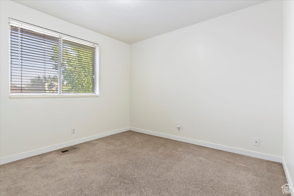 Unfurnished room featuring light carpet