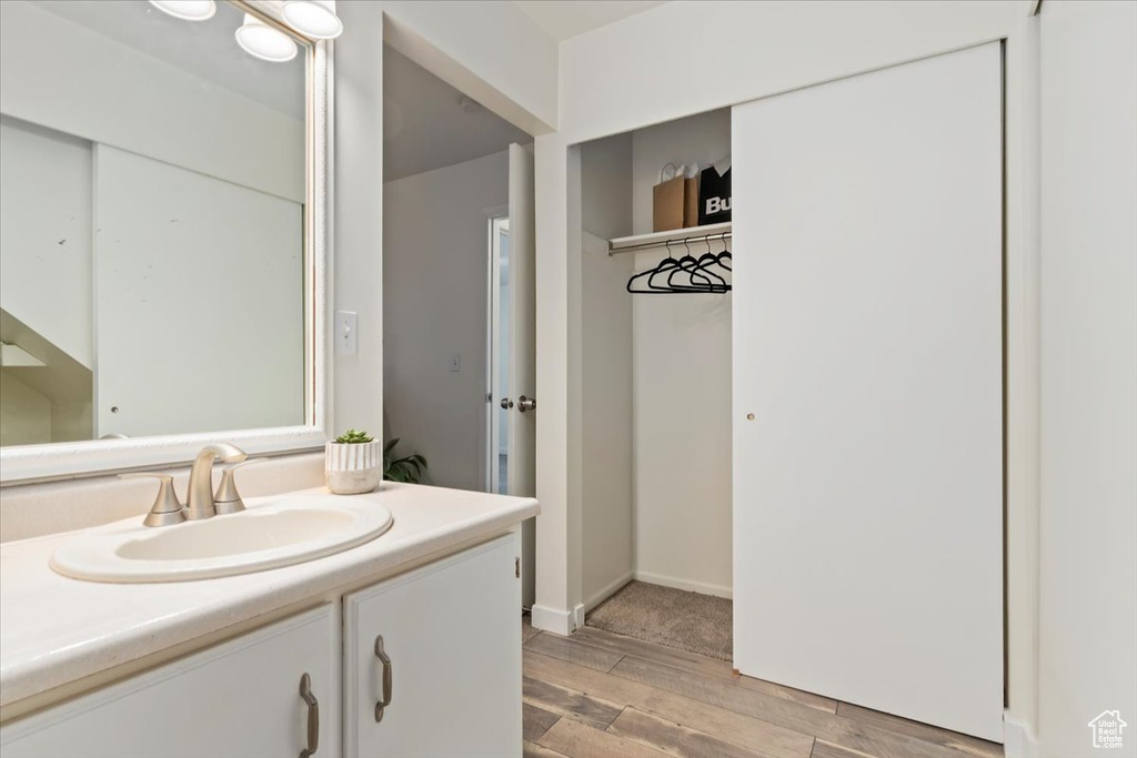 Bathroom with wood finished floors and vanity