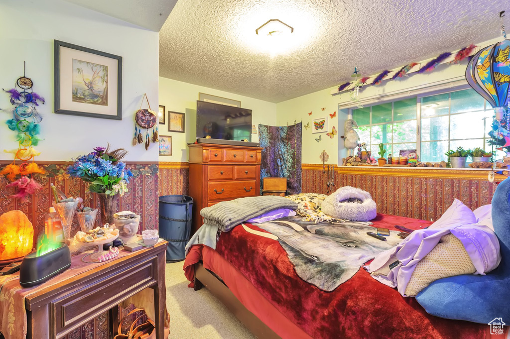 Carpeted bedroom featuring a textured ceiling and a wainscoted wall