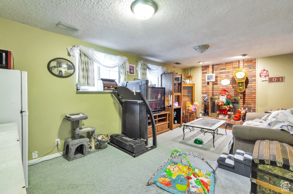 Living room featuring a textured ceiling and carpet