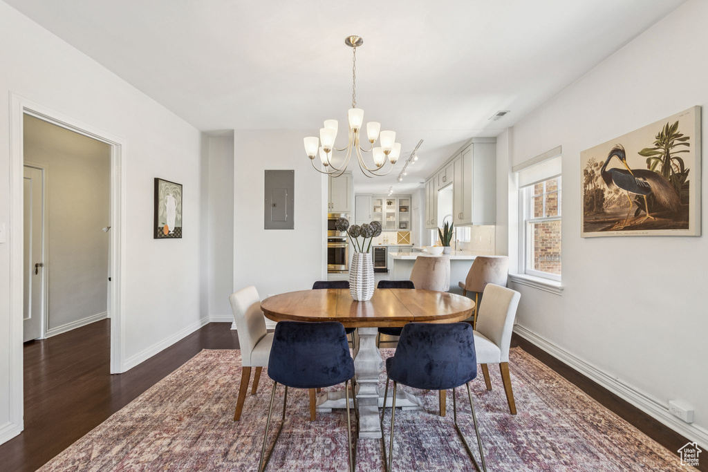 Dining room featuring a chandelier, dark wood-style floors, and electric panel