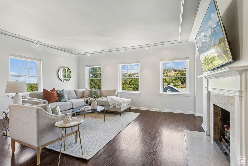 Living room featuring rail lighting, a premium fireplace, and dark wood-style flooring