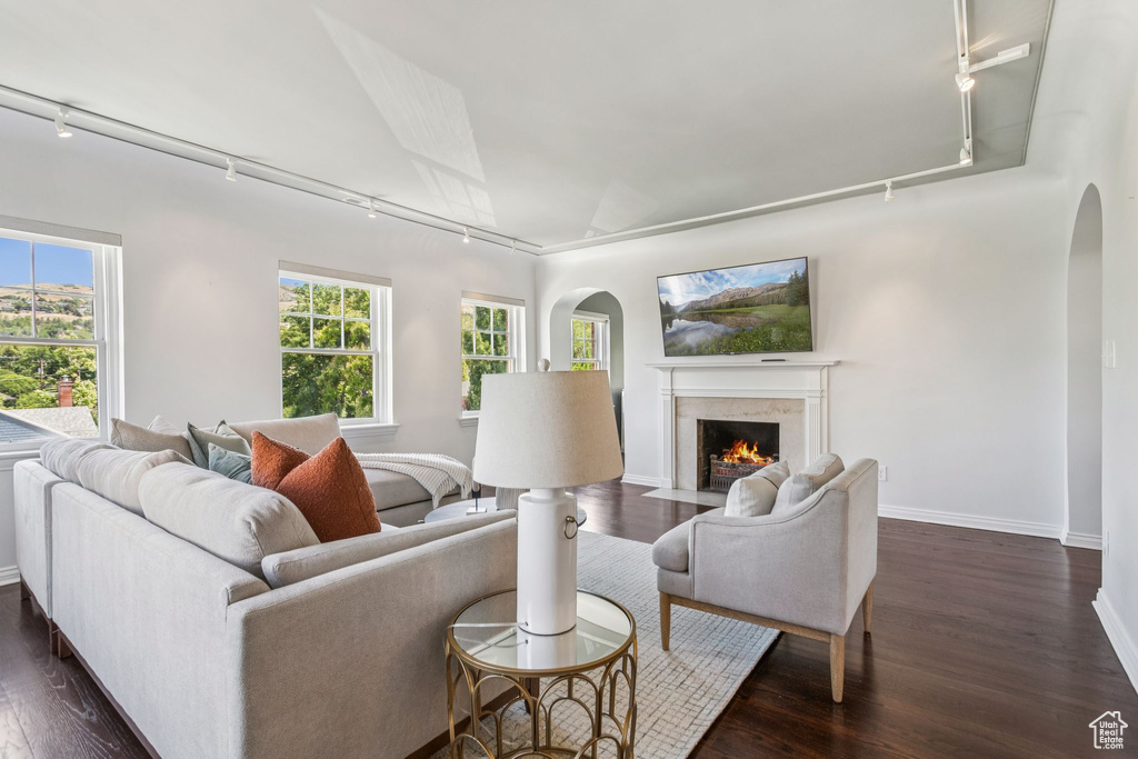 Living area featuring rail lighting, arched walkways, dark wood-type flooring, and a premium fireplace