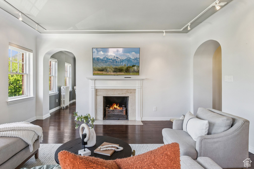 Living room with track lighting, radiator heating unit, arched walkways, wood finished floors, and a fireplace