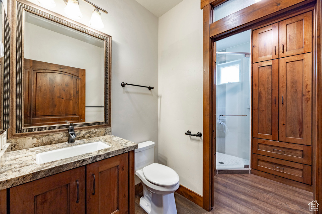 Bathroom featuring wood finished floors, vanity, and a stall shower