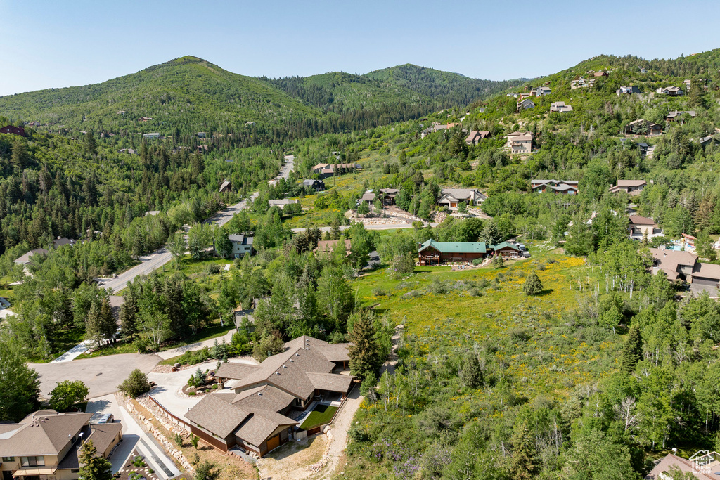 Aerial view of residential area featuring a heavily wooded area and a mountainous background