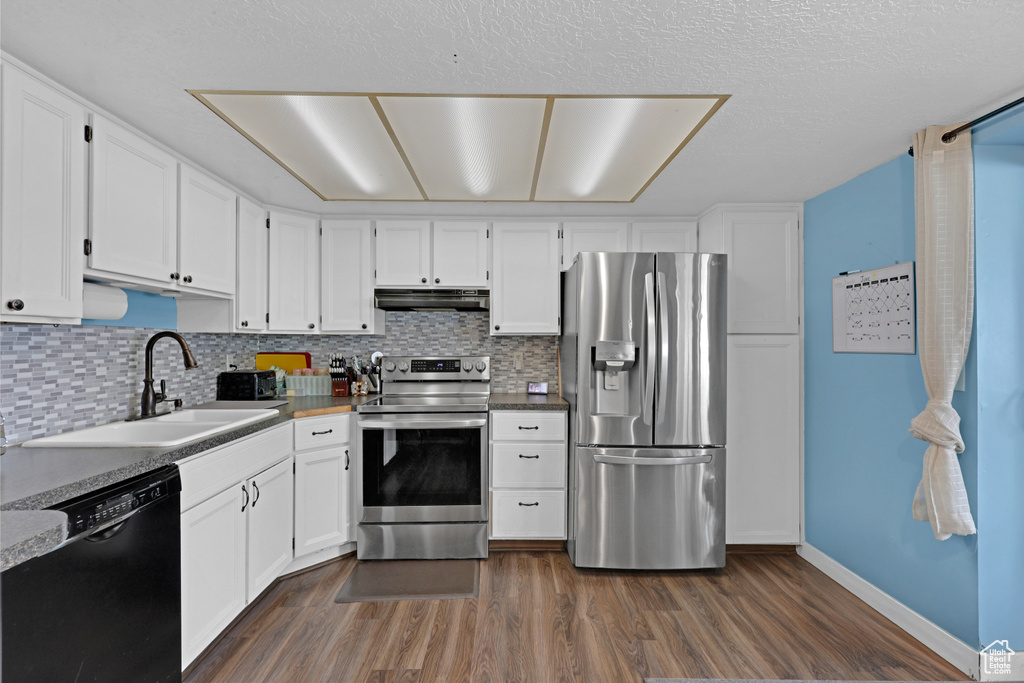 Kitchen with appliances with stainless steel finishes, dark wood-type flooring, under cabinet range hood, and tasteful backsplash