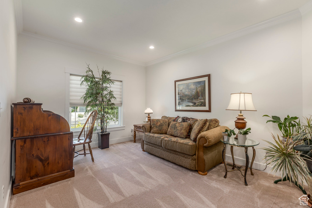 Living area featuring light carpet, recessed lighting, and crown molding