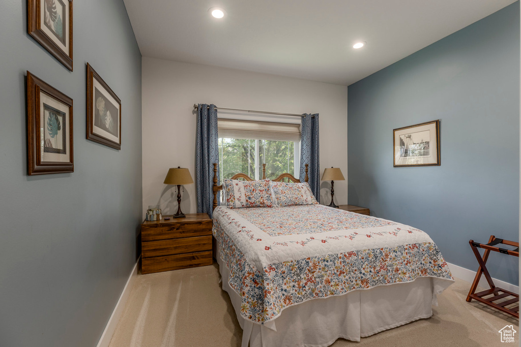 Bedroom featuring carpet flooring and recessed lighting