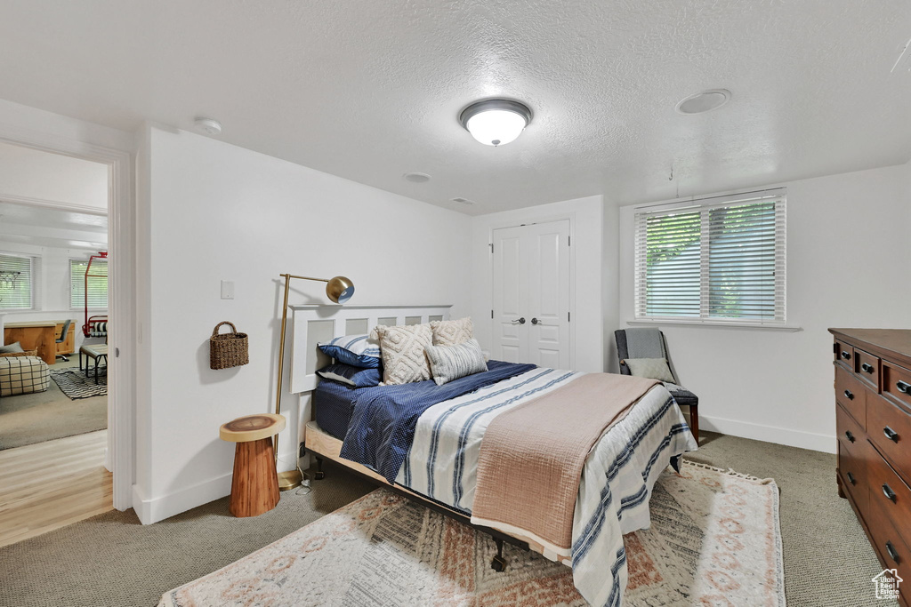 Bedroom featuring carpet flooring and a textured ceiling