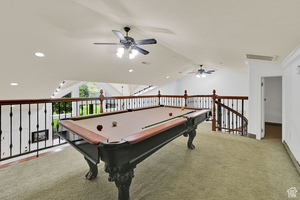 Rec room with a ceiling fan, vaulted ceiling, billiards table, carpet, and recessed lighting