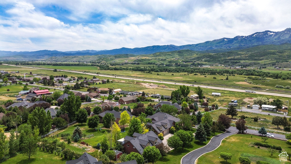 Aerial perspective of suburban area with mountains