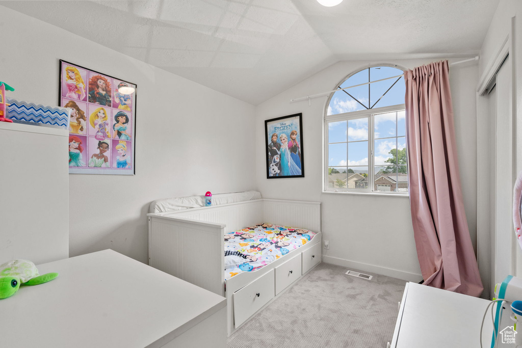 Carpeted bedroom featuring vaulted ceiling and baseboards