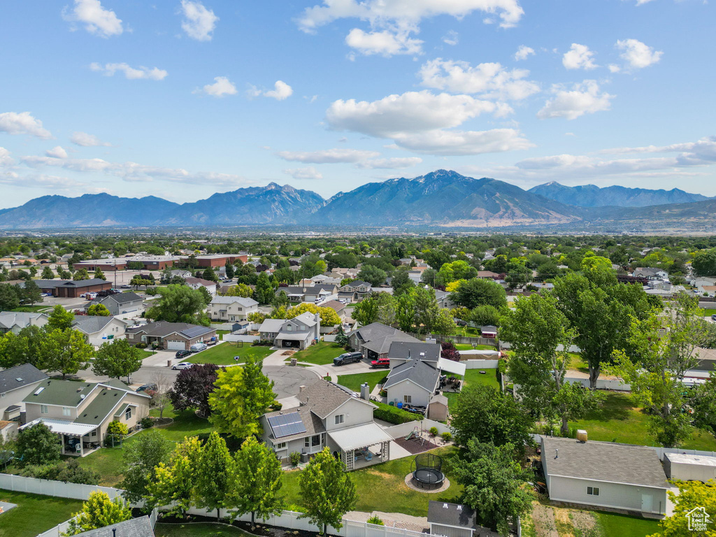 Aerial view of residential area with mountains