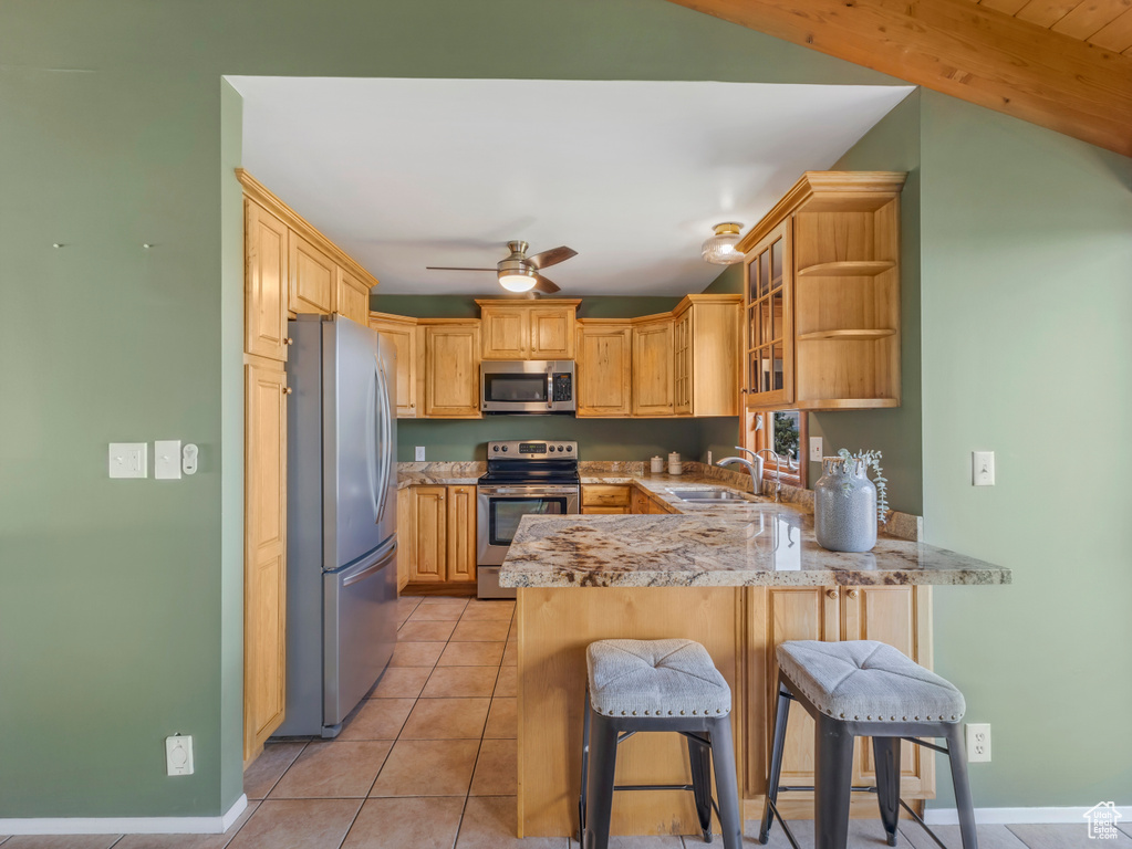 Kitchen with appliances with stainless steel finishes, a peninsula, ceiling fan, glass insert cabinets, and light tile patterned flooring