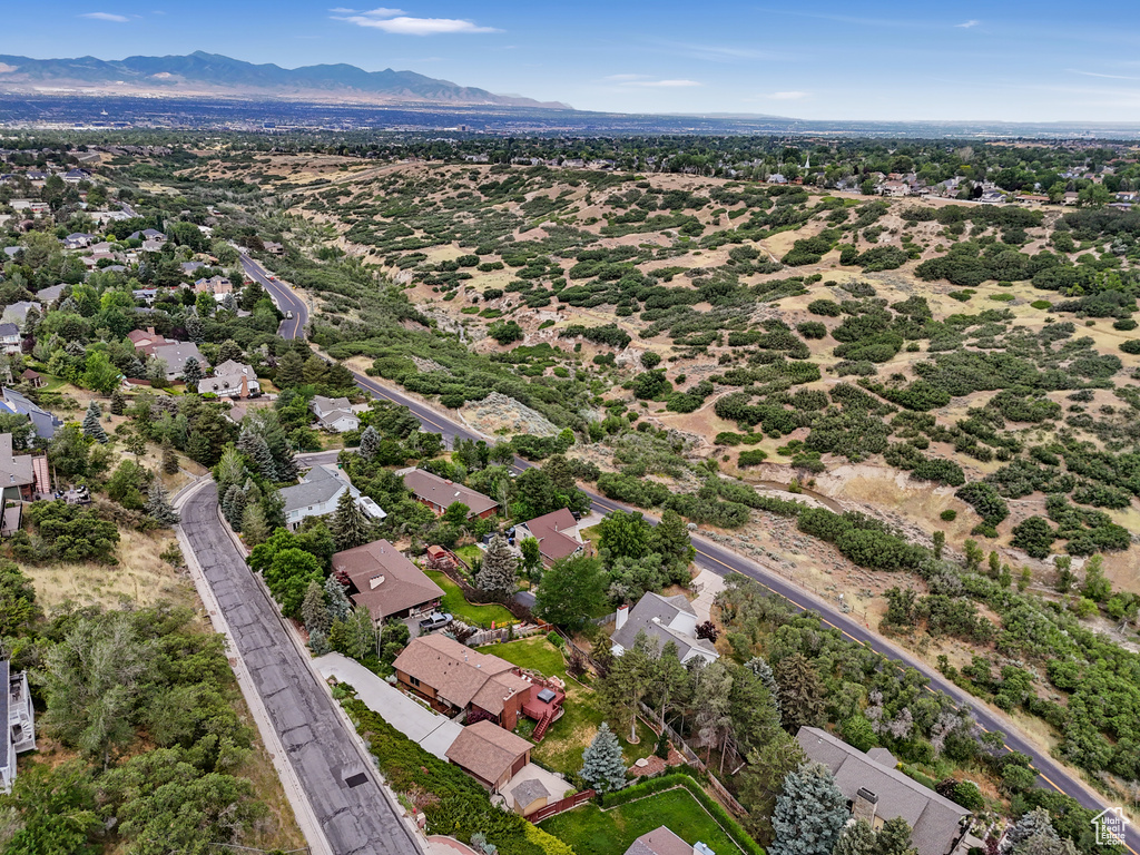 Aerial perspective of suburban area featuring a mountain backdrop