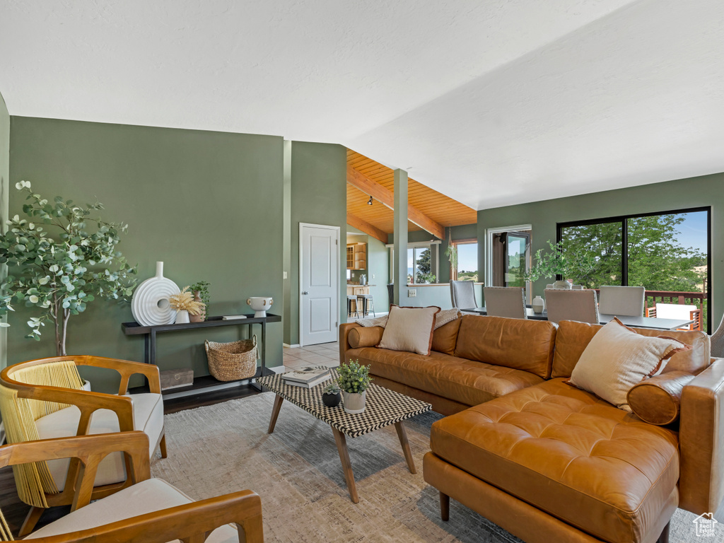 Living room featuring lofted ceiling