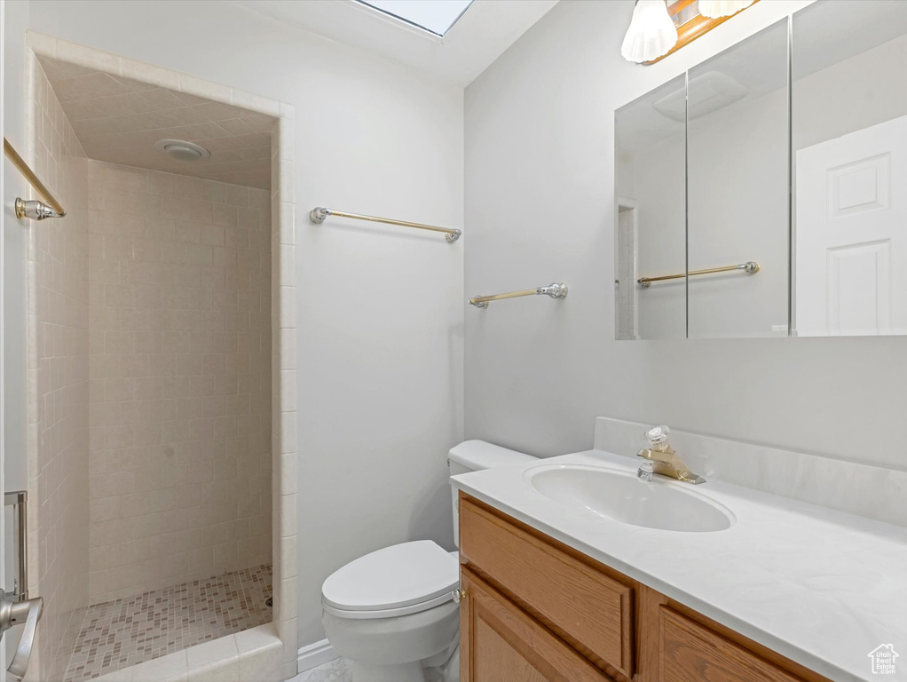 Bathroom featuring vanity, tiled shower, and a skylight
