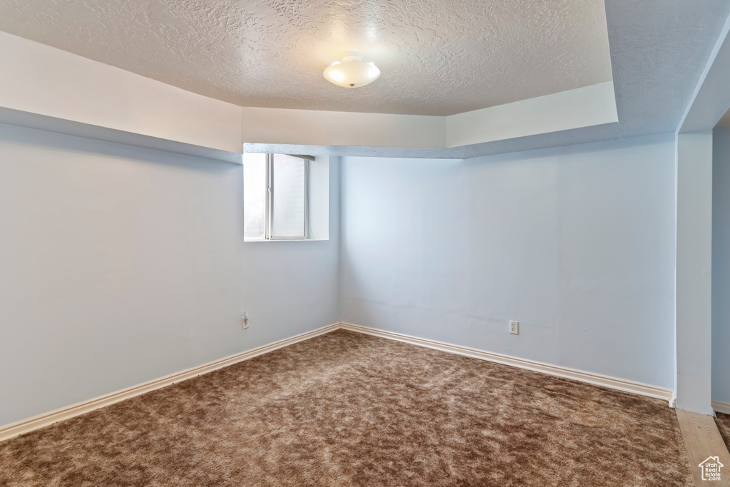 Below grade area featuring carpet and a textured ceiling