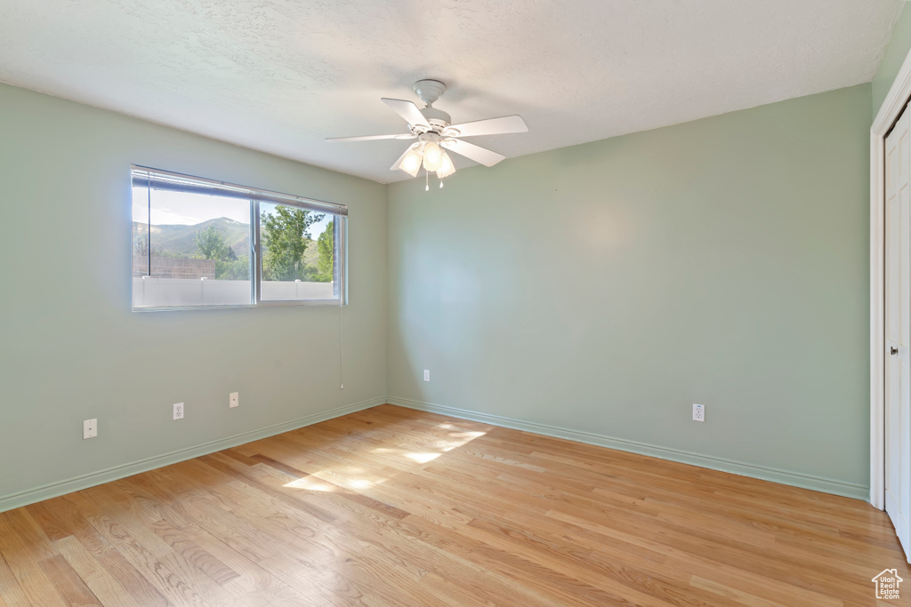 Empty room with a ceiling fan and light wood-style flooring
