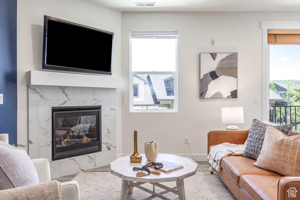 Living area with a fireplace