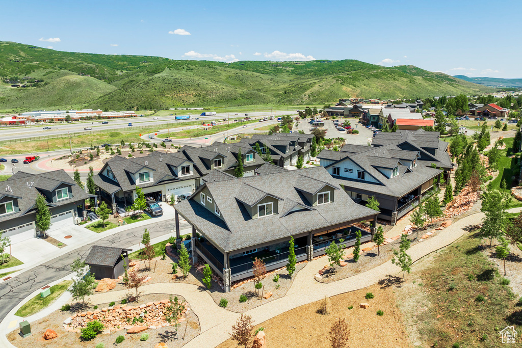 Aerial perspective of suburban area with mountains