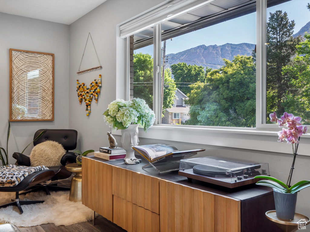 Office space featuring a mountain view and wood finished floors