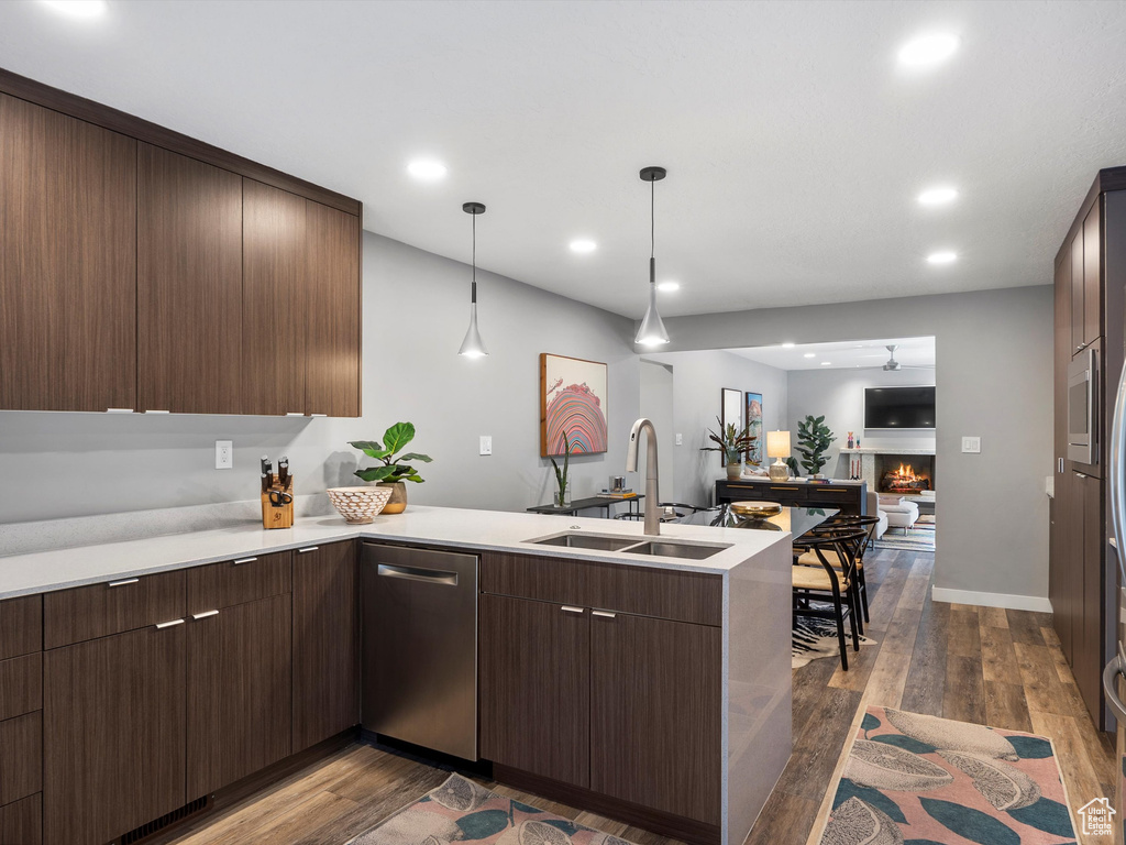 Kitchen featuring stainless steel dishwasher, a peninsula, open floor plan, dark wood-style flooring, and light countertops