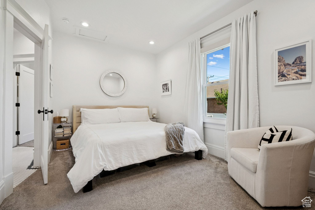 Bedroom featuring carpet, attic access, and recessed lighting