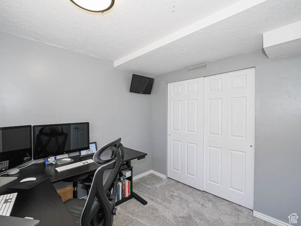 Carpeted office space with a textured ceiling and baseboards