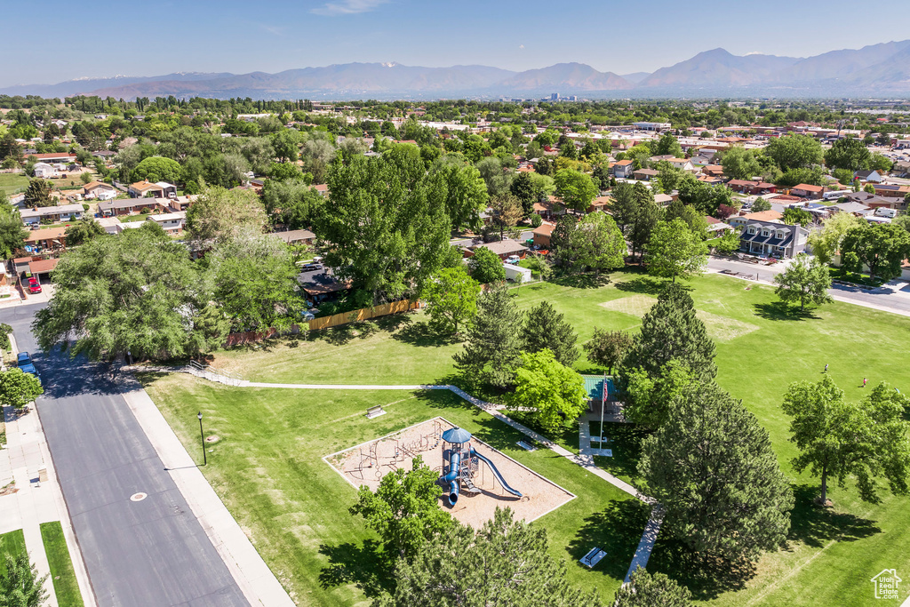 Bird's eye view of a mountainous background and a recreational park