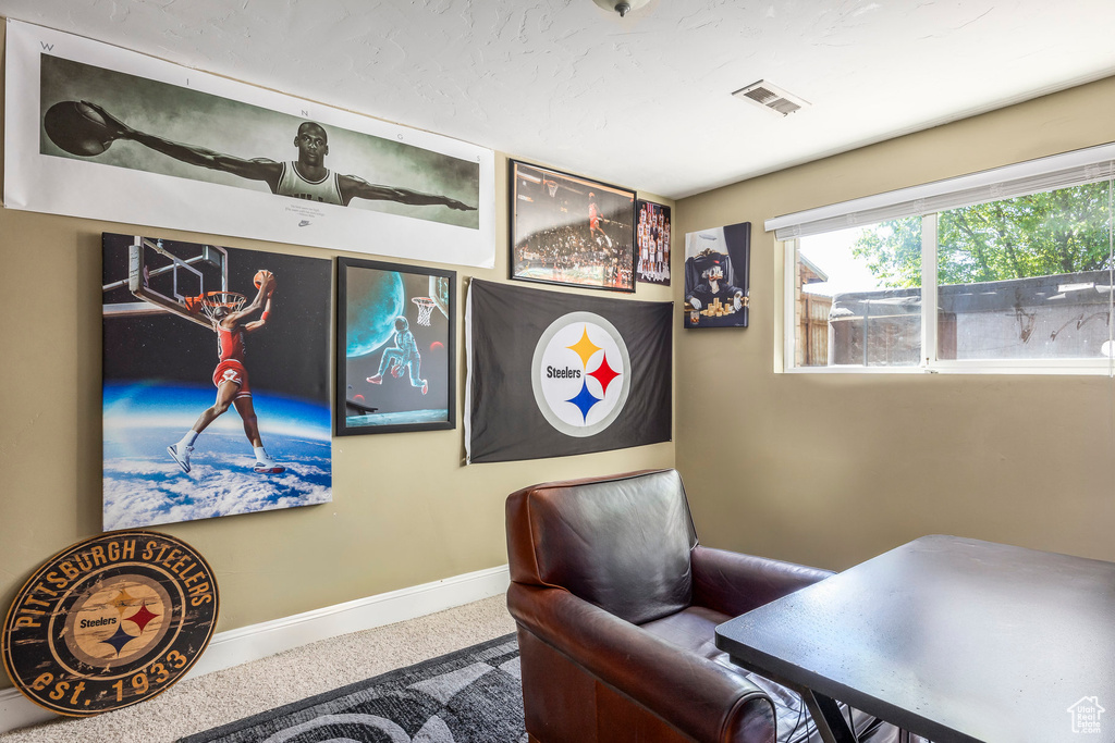 Carpeted office with baseboards