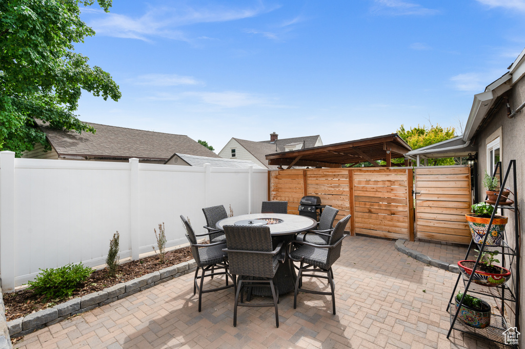 Fenced backyard featuring outdoor dining area and a patio area