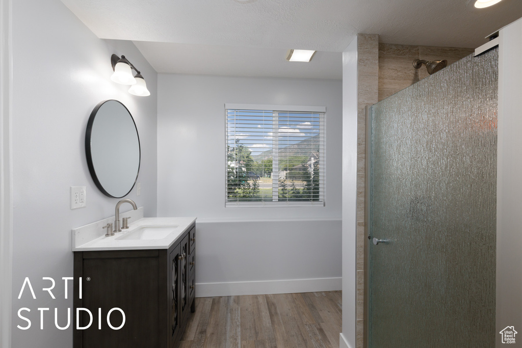 Full bathroom with vanity, wood finished floors, and a shower with door