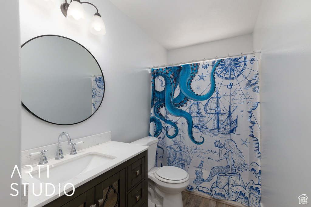 Bathroom featuring vanity, wood finished floors, and a shower with shower curtain