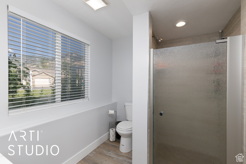 Full bathroom featuring wood finished floors and a shower stall