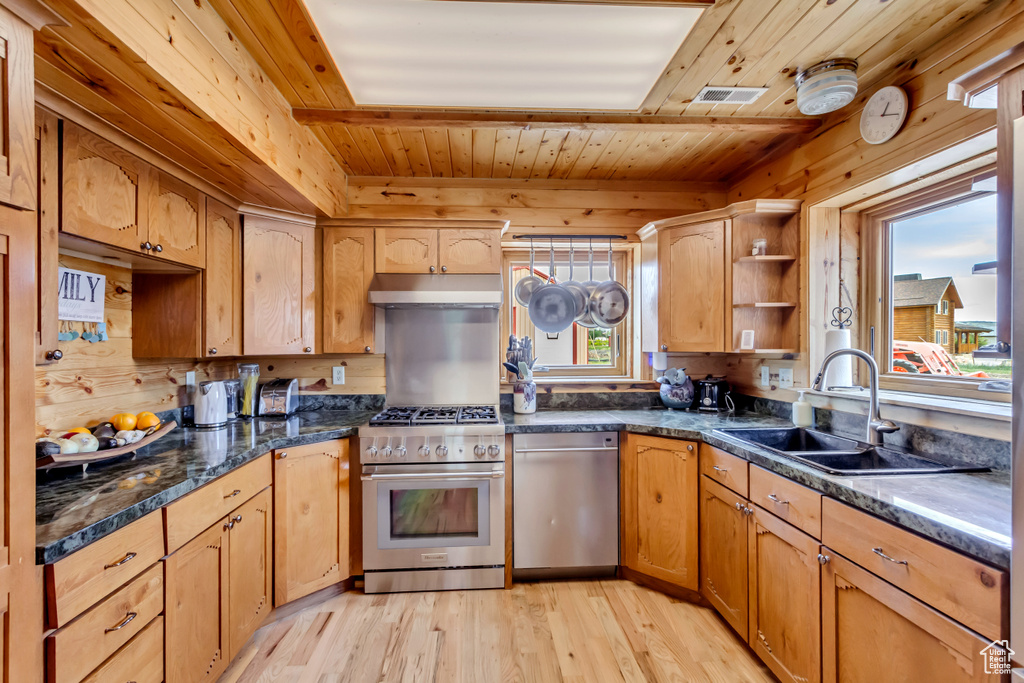 Kitchen with stainless steel appliances, light wood-type flooring, wood ceiling, open shelves, and under cabinet range hood