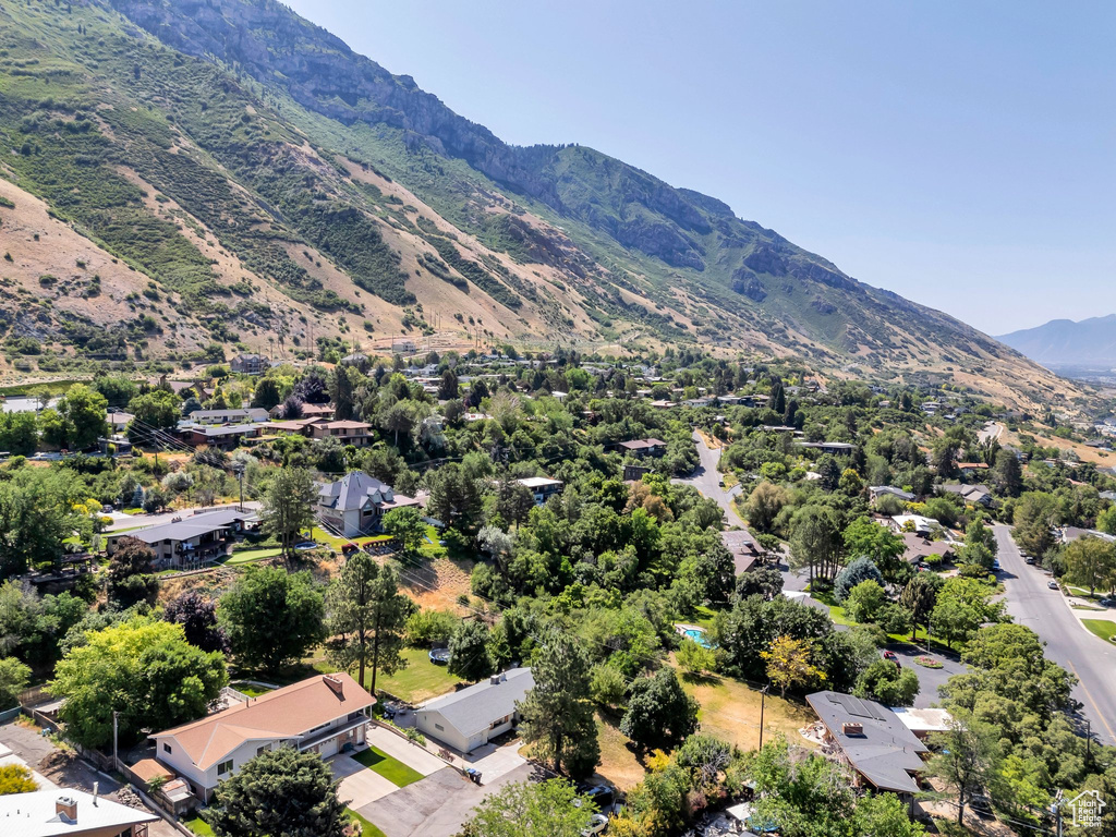 Aerial view of residential area with mountains