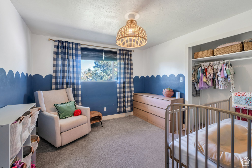 Carpeted bedroom featuring a closet