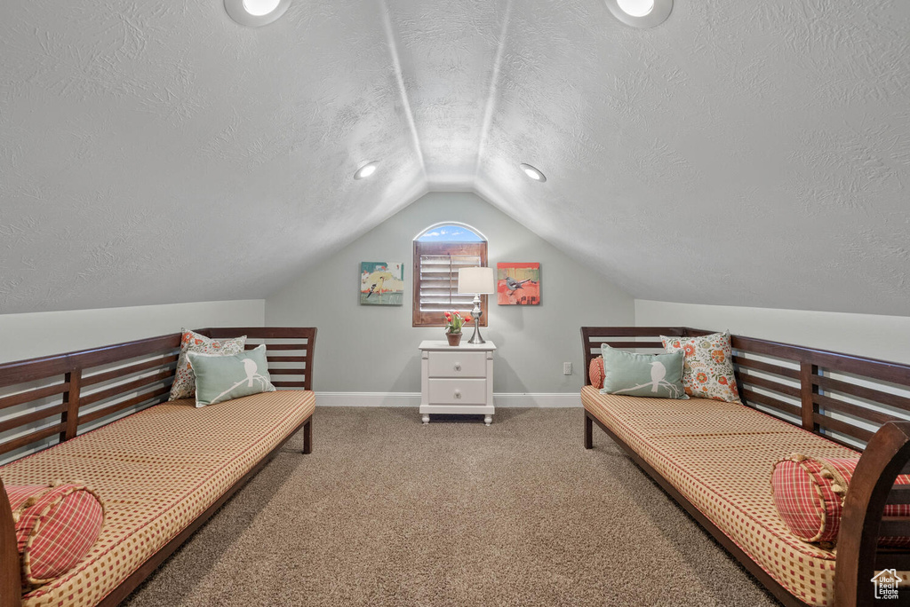 Bedroom featuring a textured ceiling, lofted ceiling, and carpet floors
