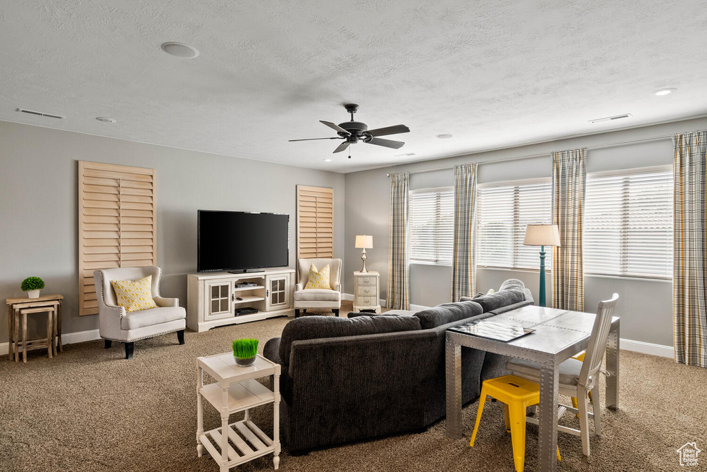 Carpeted living room with ceiling fan and a textured ceiling