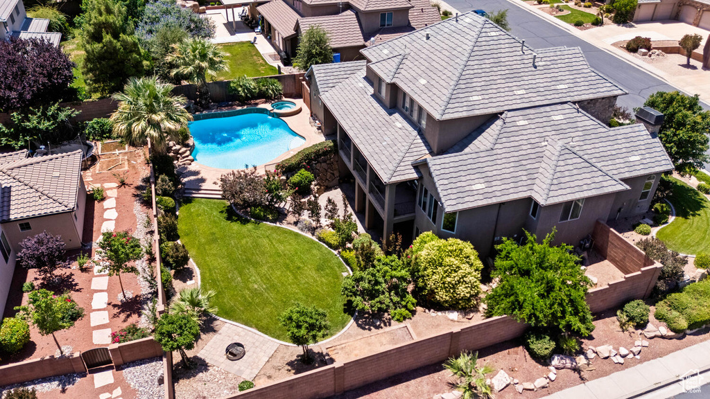 Aerial view of residential area with a pool area