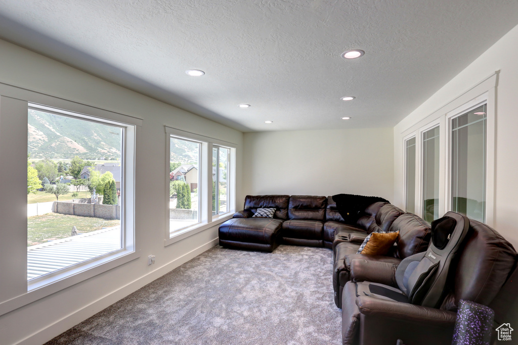 Living room with carpet flooring, recessed lighting, and a textured ceiling