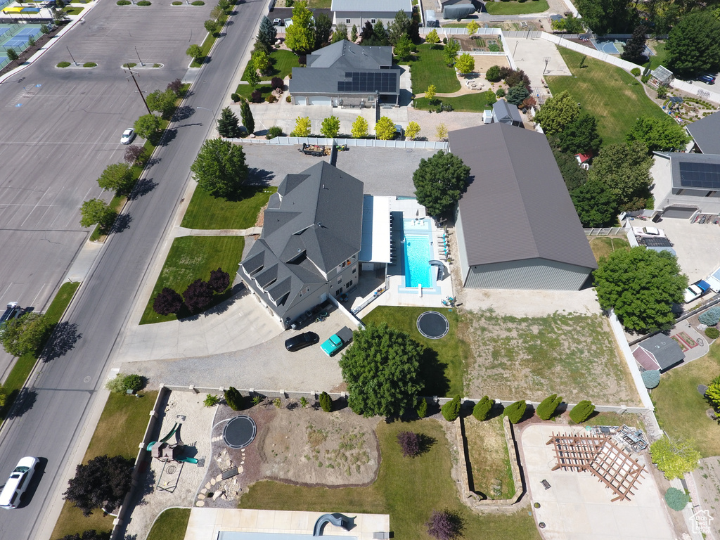 Aerial view of residential area with a pool area