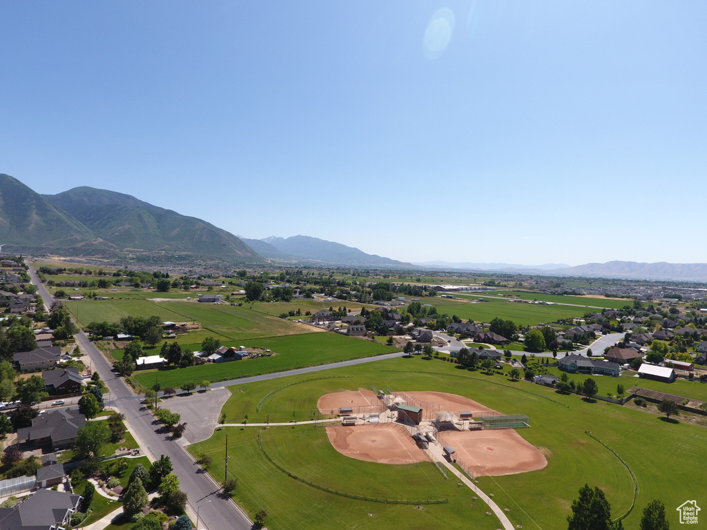 Aerial view of residential area with mountains