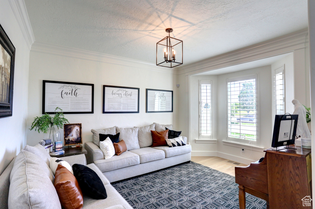 Living area with a chandelier, wood finished floors, crown molding, and a textured ceiling