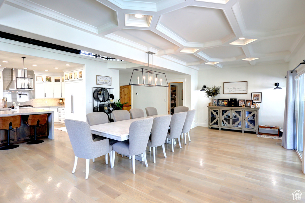 Dining room featuring a chandelier, coffered ceiling, light wood finished floors, and recessed lighting