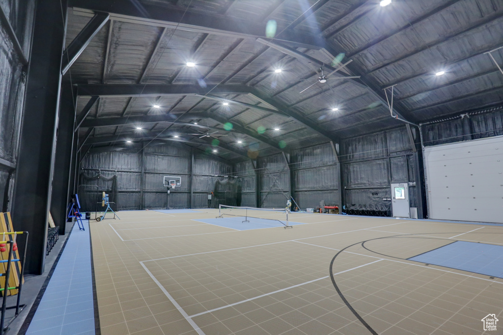 View of basketball court with basketball hoop