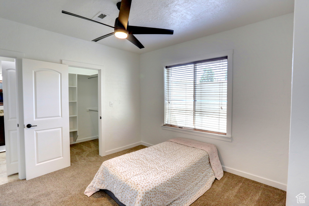 Bedroom with carpet flooring, a walk in closet, a closet, and ceiling fan